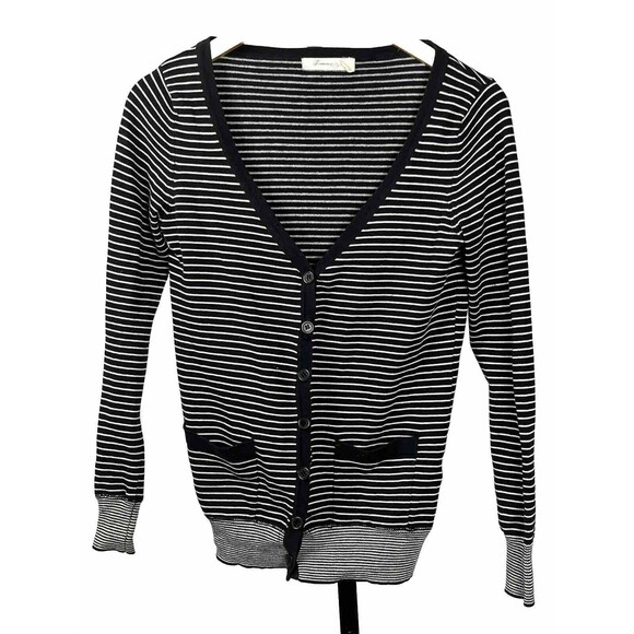 Forever 21 Sweater Cardigan Long Sleeve Button Up V Neck Stripe Black Small Twee - Picture 1 of 3